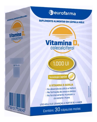 Vitamina D3 1000ui 30 Cápsulas Eurofarma C/vitamina E Sabor Sem Sabor