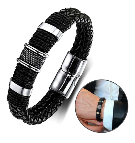 Pulseira Masculina Luxo Couro Legítimo Alta Qualidade Preta