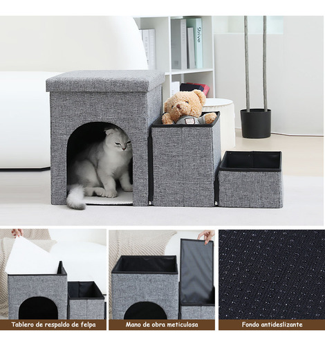 Escaleras para Perros Gatos De 3 Peldaños Escalera Plegable Para Mascotas con Cajas de Almacenamiento, Escalera Desmontable con Condominio Felpa Adecuado para Mascotas con Movilidad Reducida o Pequeña