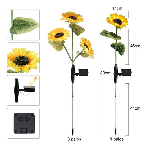2 Lámparas De Césped De Girasol Solar Led Luz De Flores