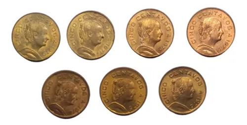 7 Monedas De 5 Centavos Bronce Josefa  1970 A 1976