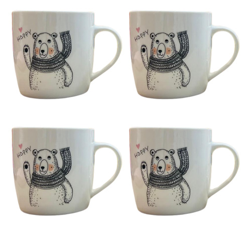 Set X4 Tazas Cerámica Baby Bear Kawaii 320ml Cute Te Café Blanco Bear Happy