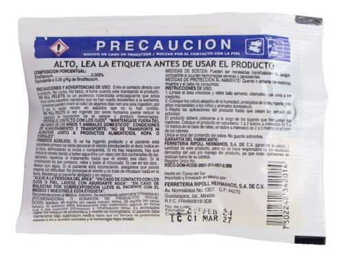 Bolsa Rodenticida Pellets Tira Plastica C/20 Sobres Rat Kill