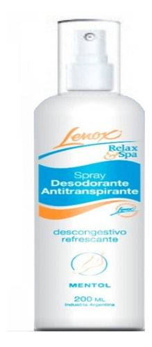  Crema Spray Desodorante Antitranspirante Relax & Spa Lenox Fragancia MENTA Y ALCANFOR Tipo de envase FRASCO CON VÁLVULA ROCIADORA