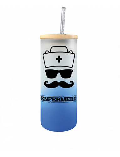 Vaso Vidrio Con Tapa De Bambú Y Popote Enfermero 650 Ml Azul