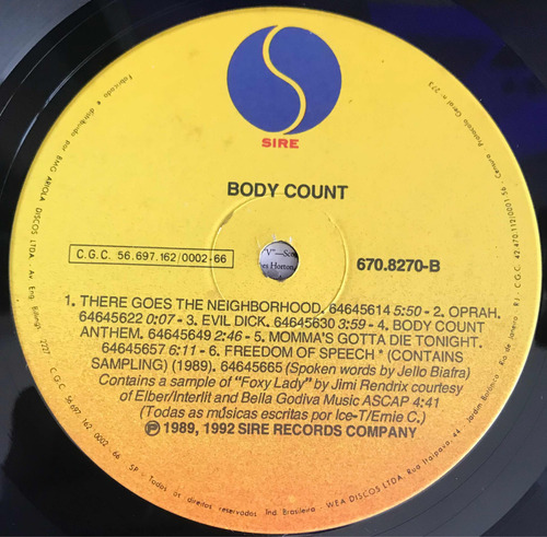 Lp Body Count - 1992 - Disco Vinil Rock