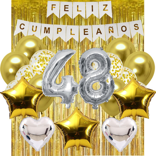 Combo Kit Cumpleaños Fiesta Globos Deco Dorado Plata