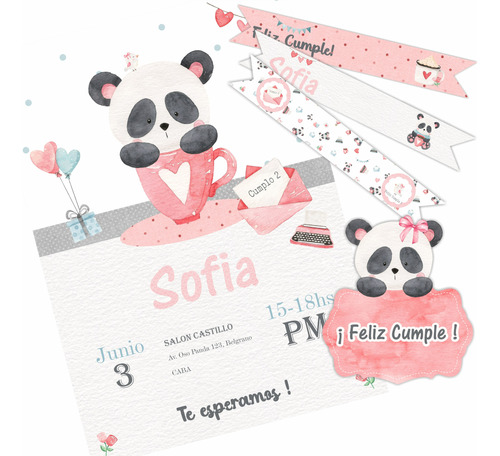 Kit Imprimible Oso Osito Panda Rosa Acuarela Cumple Candy 