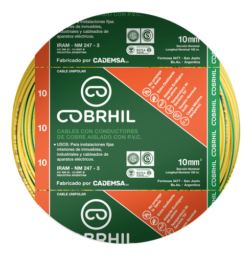 Cable Unipolar Normalizado Cobrhil 1x10mm² Rollo 50 Mts Cubierta Verde/amarillo