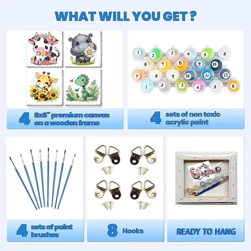 MXJSUA Pack De 4 Kits De Pintura Por Números Para Niños – Marcos De Madera Incluidos, Patrones De Koala, Pingüino, Unicornio Y Alpaca, Lienzos De 20x20 Cm, Acrílicos Y Pinceles