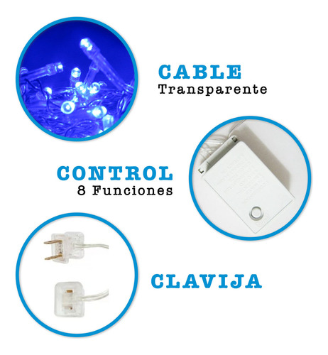 3 Series Navidad 100 Luces Led 5 Mts Color Azul 8 Tiempos