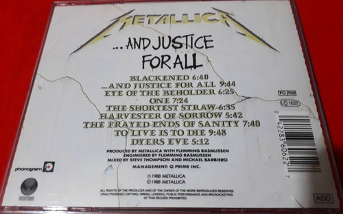 Cd Metallica - ..and Justice For All Ed Europea Thrash Metal (Usado)
