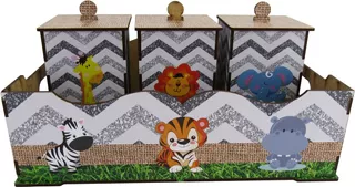 Kit Bebê Bandeja E Potes Higiene Decoração Safari Mdf