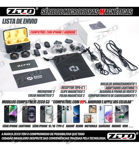 Microfone Lapela Sem Fio Magnético 2 Duplo Com Redução Ruído