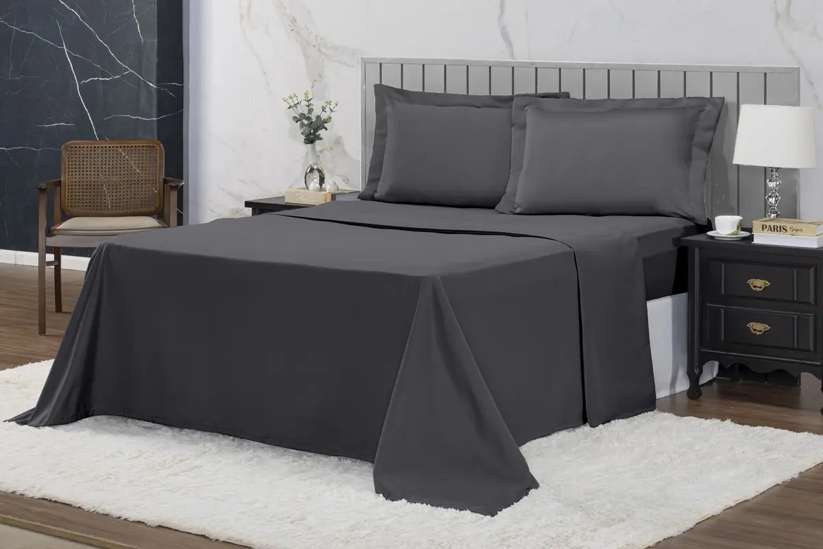 Jogo Lençol Cama Queen 400 Fios 4 Pçs Aba Toque Extra Macio Cor Chumbo Desenho Do Tecido Liso