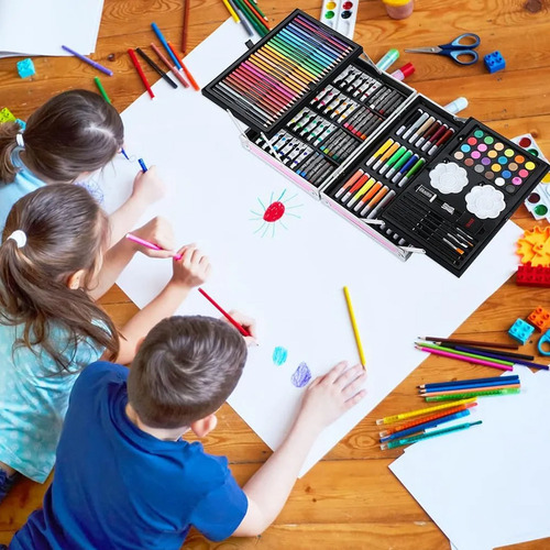 Kit De Dibujo Estuche De Arte 145pz Acuarelas Pinturas Colores Diseño Infantil Robot Fasilyt
