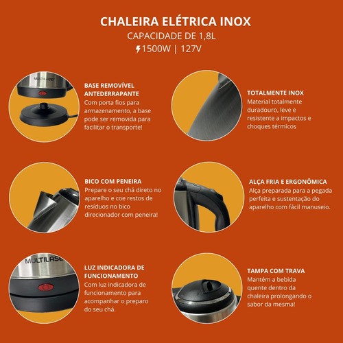 Jarra eléctrica para hervidor eléctrico 110 V Inox 1.8 1150 W Multilaser Be007 Color 127 V Acero Inoxidable