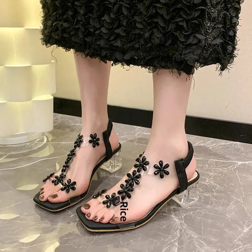 Sandalias De Tacón Alto Con Cabeza Cuadrada Y Flores De Moda