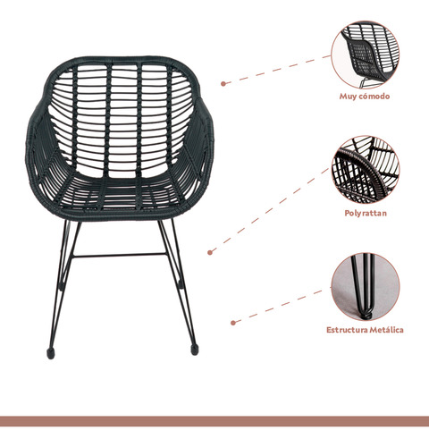 Butaca Con Apoyabrazos De Terraza Rattan Grecia Color Negro