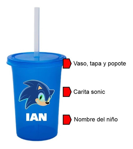 45 Vasos Sonic Fiesta Infantil Cumpleaños Con Popote Y Tapa