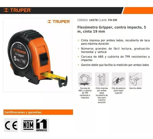 Wincha 5m X 19mm Griper Metros Y Pulgada Truper Anti Impacto
