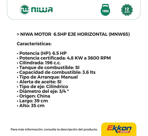 Imagen 2 de 7 de Motor Niwa 6.5 Hp Eje Horizontal 3.6 Lts Karting