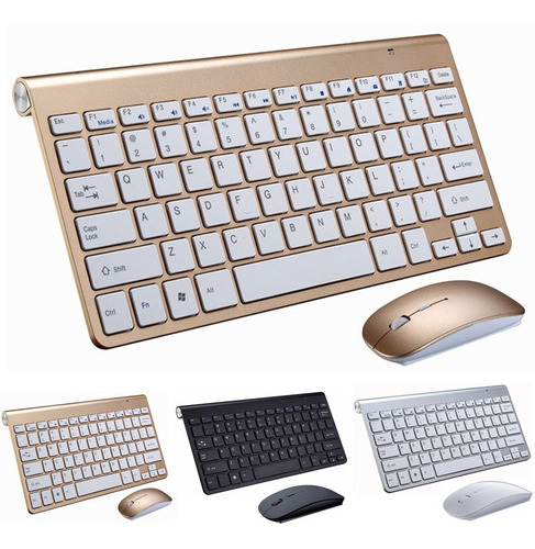 Kit Mini Teclado Mouse Óptico Inalámbrico Multimedia Keyboard Dorado 