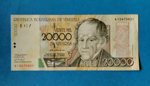 Billete De 20.000 Bs Del 2001 A-8, Primera Emisión. Leve Uso