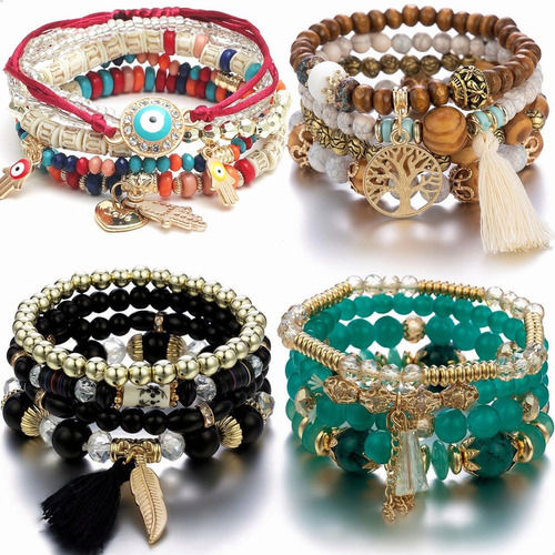 4 Set Pulseras Amistad Cuentas Boho Multicapa Evil Eye Hamsa