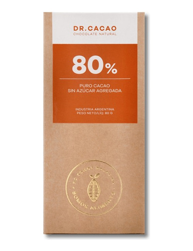 Chocolate 80% Cacao Dr Cacao Sin Azucar Agregada Pack X4