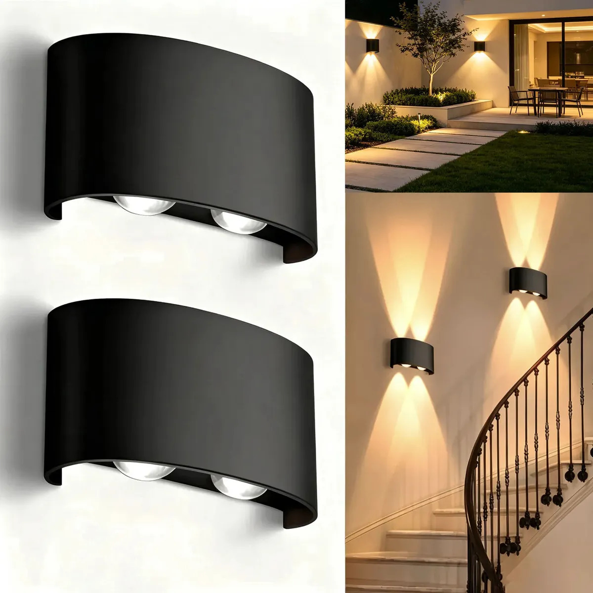 Pack de 2 Lámparas de Pared LED LINKLUX para Interiores y Exteriores, Negras y Cálidas