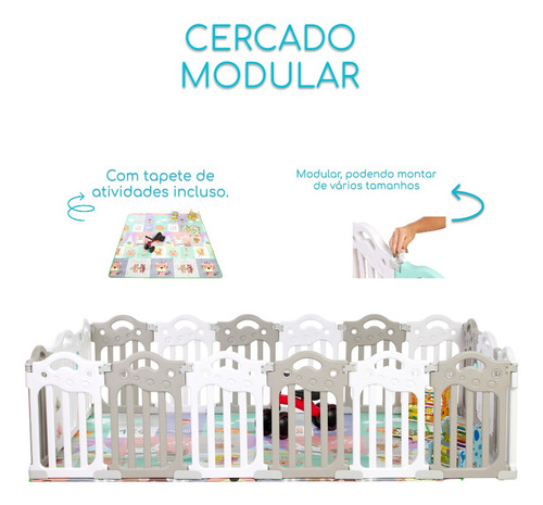 Cercado Modular Infantil 18 Módulos 225x151 Playground Cor cinza com branco Desenho do tecido Ursos