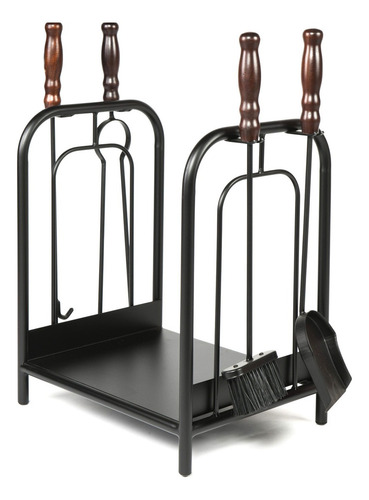 Kit De Limpeza Lareira + Porta Lenha - Cabos De Madeira Cor Preto