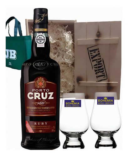 Vino Porto Cruz Ruby + 2 Vasos Cristal En Caja De Madera