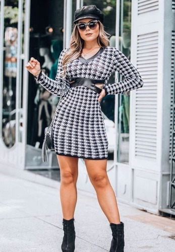 Vestido Curto De Tricô Modal Com Detalhe Em Courino Inverno