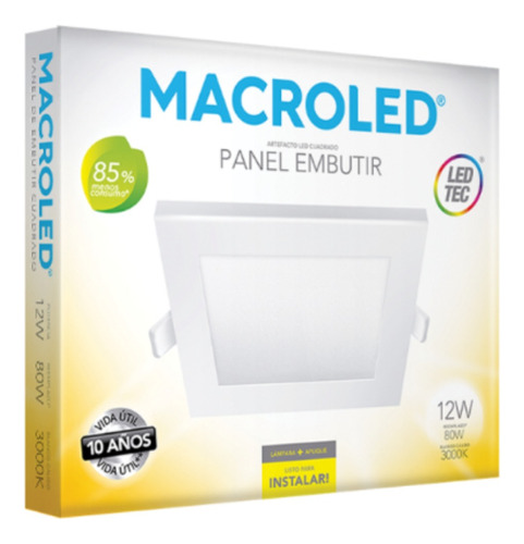 Panel Led Para Embuitir 12w Macroled Cuadrado Luz Cálida