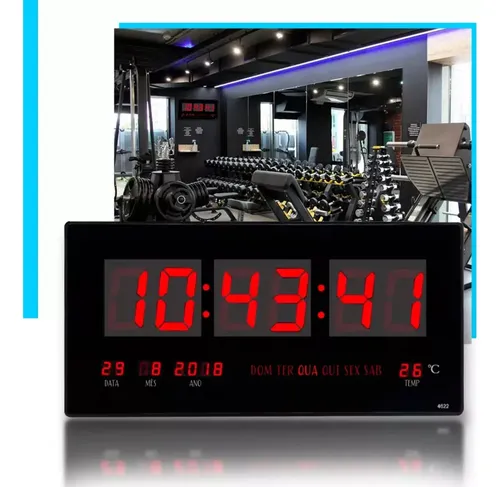 Relógio Parede Led Digital Grande 46x22cm Hall Entrada Academia Hospital Igreja Comércio Recepção Calendário Termômetro Data Hora 12/24h Temperatura Dia Mês Ano Memória Bivolt 110/220 Cor Preto