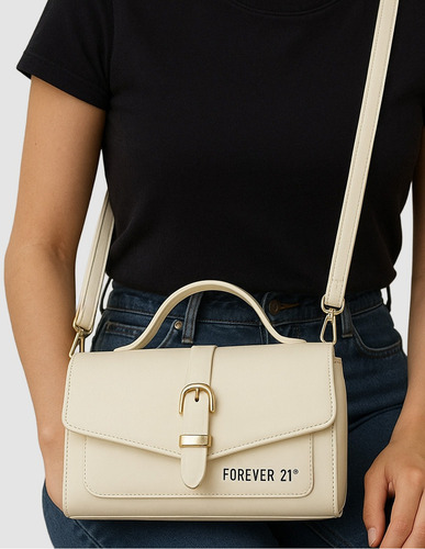 Bolsa Cartera Crossbody Forever 21 Para Mujer Casual Moderna Crema Lisa Oro Crema
