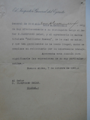 Ejército Argentino Inspector Gral División Carta Saludo 1941