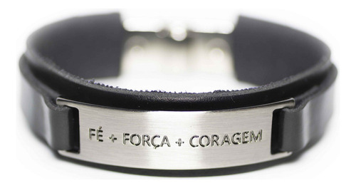 Pulseira Couro Masculina Fé+força+coragem Preto