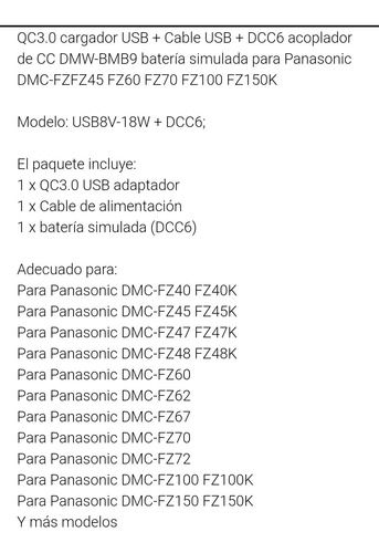 Dcc6 Cargador Usb Batería Falsa Camara Lumix, Ver Modelos