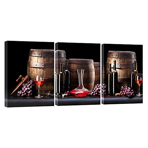 3 Paneles De Botella De Vino Tinto Y Barril, Uva, Fruta...