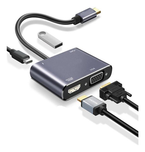 Hub Adaptador 4 En 1 Type-c A Hdmi + Vga + Usb 3.0 + Usb C