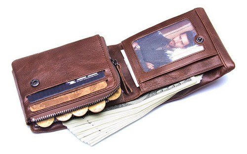 Caballero Cartera Piel Genuina Contacts Billetera Trifold