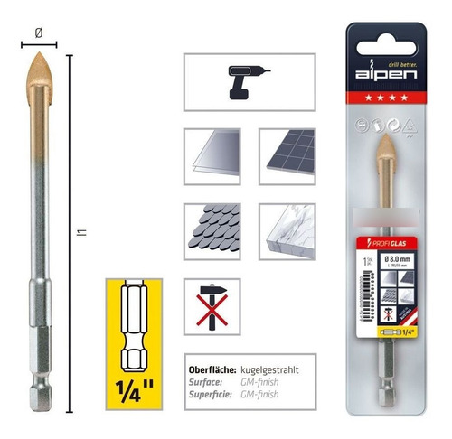 Broca Vidrio - 10 Mm - Largo 130 Mm - Toma Hexagonal 1/4'' -