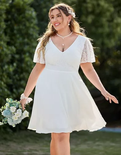 Vestido Branco Curto Plus Size Renda Noivado Civil Casamento | Frete grátis