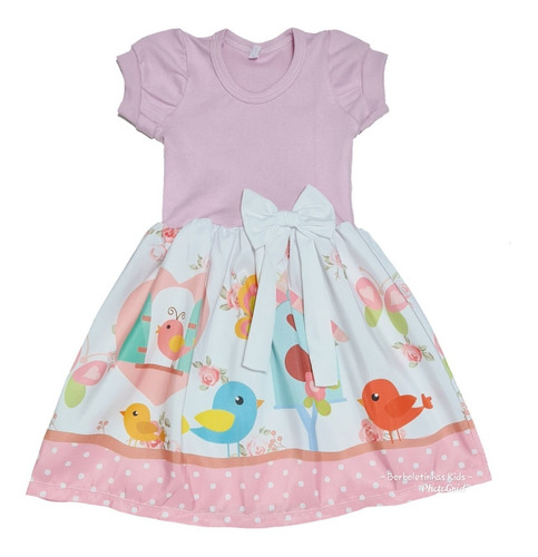 Vestido Infantil Passarinho Jardim Manga Curta Temático Fab2