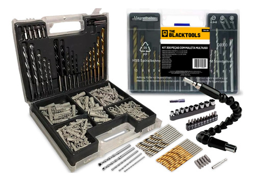 Jogo De Brocas Bits E Buchas Com 300 Peças + Haste Flexível Cor Preto