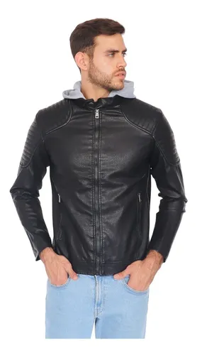 Chamarra de piel con gorro para hombre sales