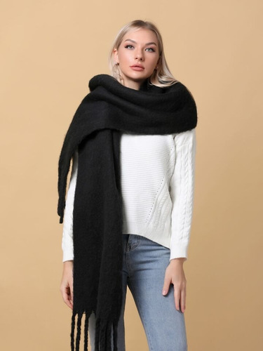 Bufanda Lana Nube Ruana Mantón Flecos Super Suave Liso Mujer Negro Unico
